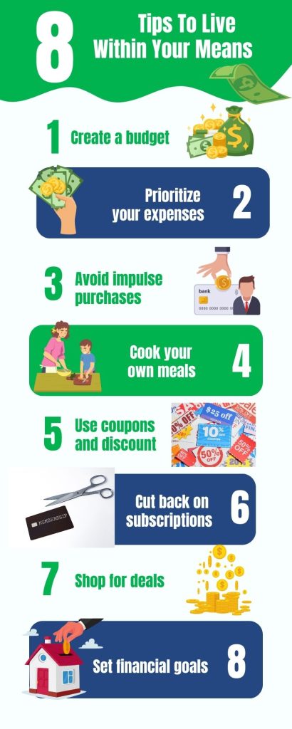 8 tips to live within your means infographic