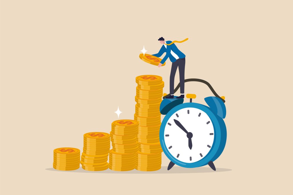 businessman on alarm clock put more dollar coin money to increase his savings